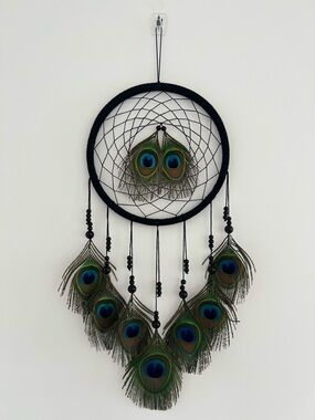 Black Dreamcatcher Wall Hanging with Green Real Peacock Feathers